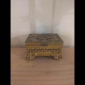Vintage Ornate Brass Casket Jewelry Box, Mid Century French Style Trinket Box